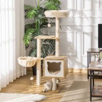 PawHut Tiragraffi per Gatti con 2 Pali, Casetta, Amaca, Lettino e 2 Palline, in Legno, Pile e Sisal, 48x40x126 cm(m-2)