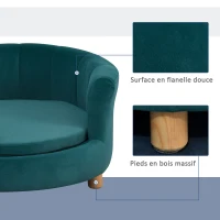PawHut Canapé chien lit pour chien chat avec accoudoirs coussin moelleux pieds bois massif dim. 65 x 64 x 37 cm velours bleu canard(m-7)