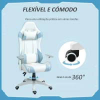 HOMCOM Cadeira Gaming Reclinável com Almofada Lombar Apoio de Cabeça Basculante e Altura Ajustável 67x60x120-128 cm Branco e Azul(m-7)