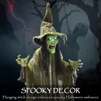 Outsunny 170 cm Life Size Hanging Halloween Animated Witch with Glowing LED Eyes, Spooky Witch Scary Halloween Decorations, Battery Operated, Indoor Party Props(m-4)