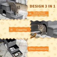 PawHut Scaletta per Cani e Gatti 10kg max a 3 Gradini con Casetta per Cani e Spazio Portaoggetti, 73.5x33x40.5 cm, Grigio(m-5)