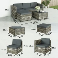 Outsunny Conjunto de Jardim em Vime de 5 Peças Inclui Almofadas 2 Poltronas de Canto Poltrona sem Braços Apoia-Pés e Mesa de Centro Cinza Escuro(m-3)