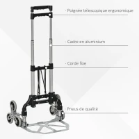 DURHAND Diable escalier pliant en aluminium avec 6 roues et sangle - charge de 70 kg avec - argent et noir(m-4)