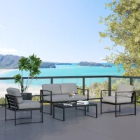 Outsunny Set Mobili da Giardino con Divano 2 Posti, 2 Poltrone e Tavolino in Alluminio con Cuscini, Grigio e Nero(m-2)