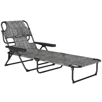 Outsunny Espreguiçadeira de Jardim Dobrável com Encosto Ajustável em 4 Níveis, Orifício de Leitura e Apoio para Cabeça 145x72x89 cm Cinzento(m-1)