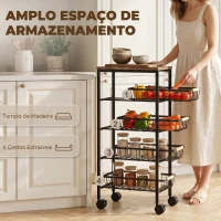 HOMCOM Carrinho Auxiliar com Rodas, 4 Cestos Amovíveis, 15 kg, Estrutura Metálica, para Sala de Jantar, 40x24x81,5 cm, Castanho Rústico(m-5)