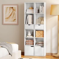 HOMCOM 6-Tier Bookcase, Tall Narrow Bookshelf with Drawer and Door - White(m-8)