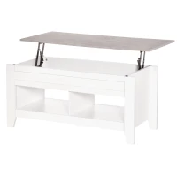 HOMCOM Mesa de Centro com Bancada Elevável Mesa de Centro com 2 Compartimentos Abertos Bancada de Imitação a Mármore Mesa Retangular para Sala de Estar 105x50x49cm Branco(m-12)