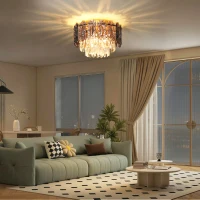 HOMCOM Chandelier Ceiling Light, 3-Light Flush Mount Fixture with Dual Crystal and Smoke Glass Shade, 40 cm LED Ceiling Light for Living Room Bedroom, 3 E14 Sockets, Bulbs Not Included, Gold Tone(m-2)