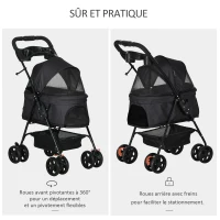 PawHut Poussette Buggy Pliable Chien Chat Panier Rangement Porte-Gobelets Tissu 300D Oxford Imperméable 4 Roues Noir(m-5)