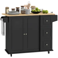 HOMCOM Kitchen Island with Drop Leaf, Rolling Kitchen Storage Trolley on Wheels with 3 Drawers, Black(m-11)