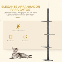 PawHut Arranhador para Gatos do Chão ao Teto com Altura Ajustável, 4 Plataformas e Poste 43x27x228-260 cm Cinzento(m-4)