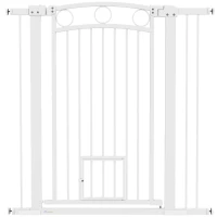 PawHut 106 cm Hoog Huisdierhek met Verstelbare Breedte en Geïntegreerde Kattendeur, voor Trappen en Deurkozijnen, Wit(m-1)