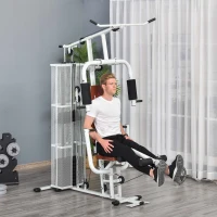 HOMCOM Station de musculation entrainement complet développé couché butterfly barre latissimus curler bande résistance 10 contrepoids 45 kg avec filet de protection acier blanc et marron(m-10)