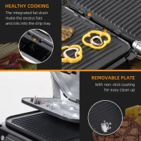 HOMCOM Health Grill & Panini Press, 2100W Electric Non-stick Grill with 180° Flat Open, Drip Tray, Removable Plate, Floating Hinges and 8 Automatic Settings(m-6)