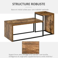 HOMCOM Lot de 2 Tables Basses gigognes Design Industriel encastrable dim. Grande Table 90L x 48l x 42H cm métal Noir Aspect Vieux Bois(m-5)