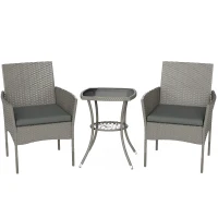 Outsunny 3 Piece Rattan Bistro Set, PE Wicker Garden Furniture Conversation Set with 2 Tier Glass-Top Table, Chairs, Dark Grey(m-1)