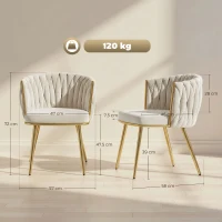 HOMCOM Velvet-Feel Dining Chairs Set of 2, Modern Upholstered Armchair with Knot Design and Golden Metal Legs, Accent Chair for Dining Room, Bedroom, Kitchen, Living Room, Cream(m-3)