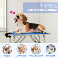 PawHut Mesa de Tosquia para Cães Dobrável com Superfície Antiderrapante Braço Ajustável 81x48,5x80 cm Azul(m-7)