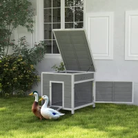 PawHut Wooden Duck House with Ramp, Double Doors, Openable Asphalt Roof, Ventilation Holes, Removable Base, Light Grey(m-10)