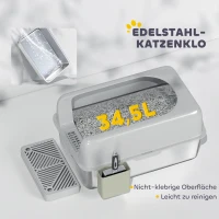 PawHut Kattentoilet, Roestvrijstaal, Hoge Randen, Opbergbox, Lichtgrijs(m-5)