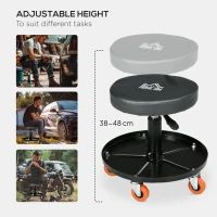 HOMCOM Rolling Mechanical Stool, Pneumatic Adjustable Workshop Stool with Tool Tray, Wheels - Black(m-5)
