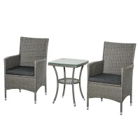 Outsunny Set Giardino Esterno 3 Pezzi in Rattan PE e Acciaio, Set 2 Sedie con Cuscini Lavabili, Braccioli, Tavolino da Caffè con Piano in Vetro, Salotto da Giardino Balcone Patio Cortile, Grigio(m-11)