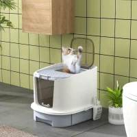 PawHut Lettiera per Gatti Chiusa con 2 Porte, Vassoio Estraibile, Paletta e Deodorante, Grigio(m-10)