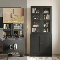 HOMCOM Modern Bookcase Display Storage Unit with Glass Doors Adjustable Shelves, Black(m-6)