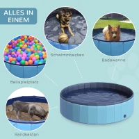 PawHut Hundebadewanne faltbar Hundepool Schwimmbecken Swimmingpool Plantschbecken Badewanne für Hunde & Katzen Wasserbecken aus Kunststoff, Holz Ø140 x H30 cm Blau(m-4)