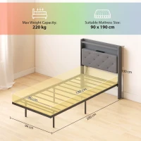 HOMCOM Floating Bed Frame, Upholstered 3ft Single Size Bed, Platform Bed with RGB LED Lights and Charging Station, Grey(m-3)