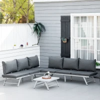 Outsunny 3 Pieces Garden Furniture Sets, 6 Seater Corner Sofa Set with Adjustable Backrest Chase Lounge with Slatted Metal Top Table, Padded Cushion, Grey(m-2)