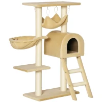 PawHut Tiragraffi per Gatti Multilivello con Amaca e Casetta, Corde in Sisal Naturale, 55×30×100cm(m-1)