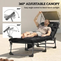 Outsunny Folding Sun Loungers Set of 2 with Canopy, Reclining Sunbed with Cushion, Side Pocket, Carrying Handle, Black(m-4)