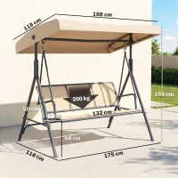 Outsunny Baloiço de Jardim Exterior de 3 Lugares com Toldo Reclinável Assento Respirável e Estrutura de Aço 175x118x159 cm Bege(m-3)