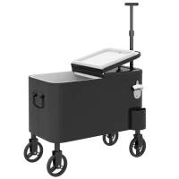 Outsunny Carrito Nevera de 56L con Ruedas Mango Ajustable Abrebotellas Recogetapas Drenaje y Asa 75x35x120 cm Negro(m-1)