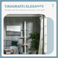 PawHut Albero Tiragraffi per Gatti a Soffitto con Palo Regolabile da 225-255 cm, Pallina e Piattaforme, Bianco(m-4)