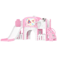 AIYAPLAY 7 in 1 Toddler Slide Set with Basketball Hoop, Climbing Frame, Telescope, Drawing Board, Storage Box, Pink(m-11)