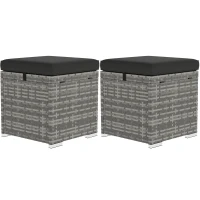 Outsunny 2-delige Set Rotan Krukken Zitkrukken met Rotanlook Opbergruimte Kussens Deksel 120 kg Belastbaar 40x40x41cm Donkergrijs(m-10)