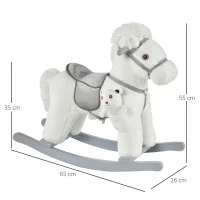 HOMCOM Caballito Balancín para Niños 18-36 Meses Caballo Mecedora Felpa con Osito de Peluche Sonidos de Relincho y Galope Base de Madera 65x26x55 cm, Blanco(m-3)