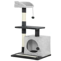PawHut Albero Tiragraffi per Gatti Alto 85 cm con Casetta, Lettino, Pali e Tappetino Tiragraffi, Grigio(m-1)