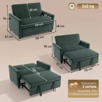 HOMCOM 2 Seater Sofa Bed, 3-in-1 Convertible Pull Out Sleeper Sofa with Click-Clack Adjustable Backrest, Dark Green(m-3)