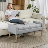 HOMCOM Banco de Armazenamento Estofado em Linho com Tampa Abatível e Pés de Madeira 120x45x54 cm Cinza Claro(m-8)