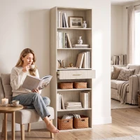 HOMCOM Bookcase Narrow Tall Space-Saving Bookshelf Drawer Open Shelves 60 x 24 x 182 cm Oak Wood Effect(m-8)