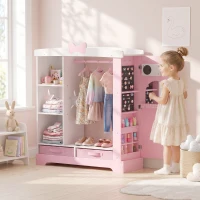 AIYAPLAY Kids Wardrobe with Lighted Mirror, Clothes Rail, Jewelry Cabinet, Shelves, Storage Boxes for Bedroom, Nursery, Pink(m-2)