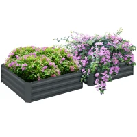 Outsunny 2-delige Set Plantenbak, Bloemenbak, Bloempot voor Tuin, Terras, van Verzinkt Staal, 100 x 100 x 30 cm, Donkergrijs(m-11)