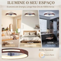 HOMCOM Ventilador de Teto com Luz LED 40 W Motor DC Reversível Comando à Distância 6 Velocidades 3 Cores Temporizador Teca(m-4)