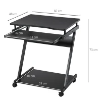 HOMCOM Secretária para Computador com Rodas 60x48 cm com Prateleira Deslizante para Teclado e Prateleira Inferior Estrutura Metálica Preto(m-3)