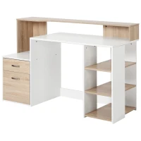 HOMCOM Mesa de Ordenador PC 137x55x92 cm Escritorio con Estantería de 3 Estantes 2 Cajones y Soporte para Impresora para Oficina Estudio Despacho Blanco y Roble(m-10)