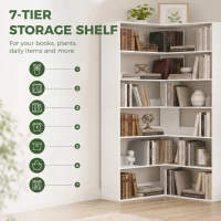 HOMCOM 7 Tiers Bookshelf, L-Shaped Corner Bookcase with Anti-Slip Rear Guard, White Wood Effect(m-5)
